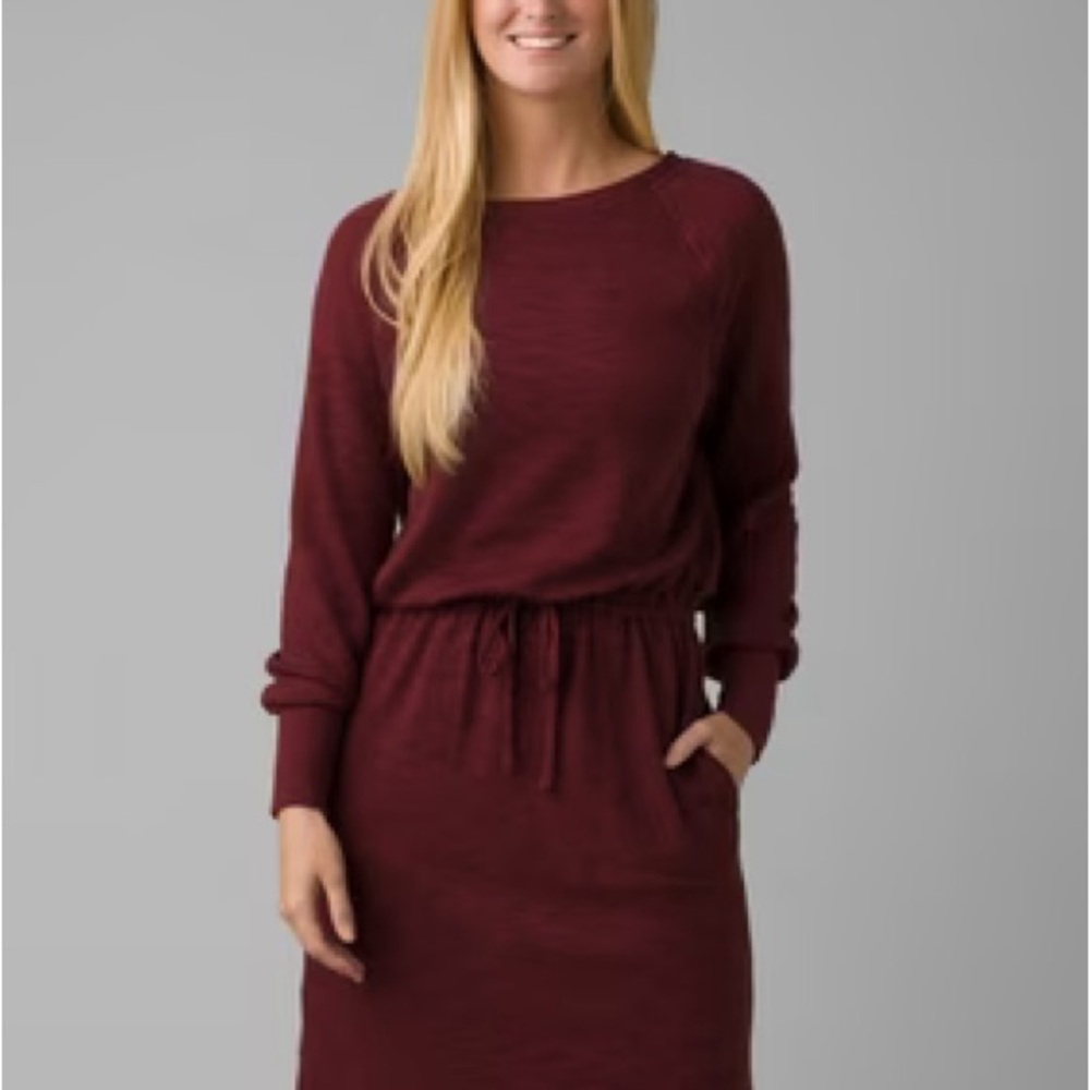 Prana Long Sleeve Drawstring Waist Dress - Burgundy